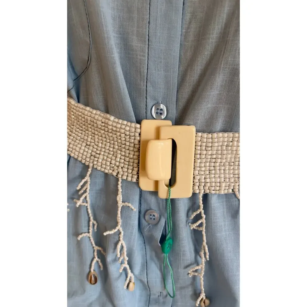Antica Sartoria elastic belt white glass seed beads a seashell fringe.